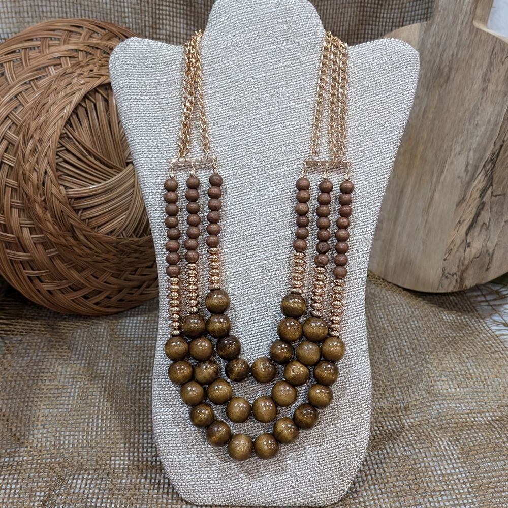 Chunky Wood Bead Gold Tone Three-Strand Layered Necklace Boho Natural
